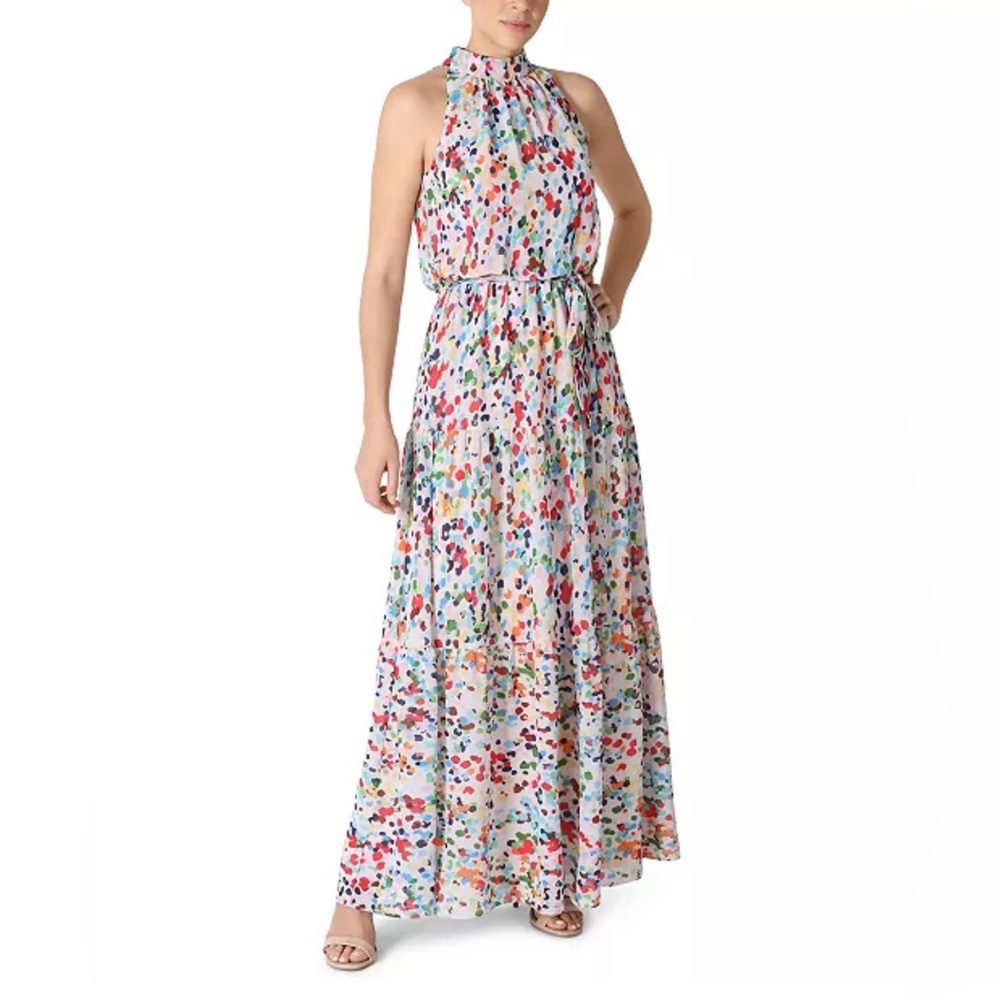 Julia Jordan Women Size 12 Multi-Color Spotted Halter Tiered Belted Maxi Dress